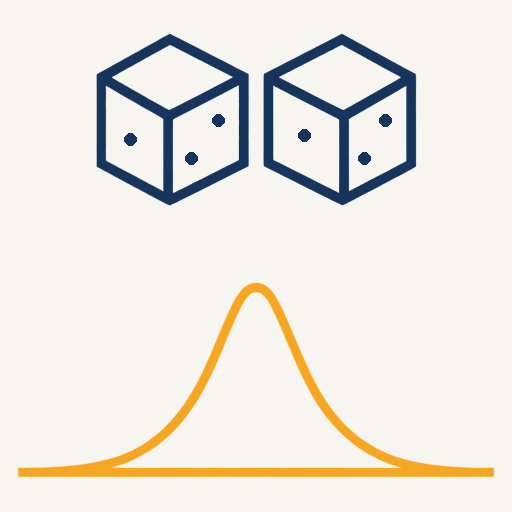 Calibrating Posteriors: two blue dice above an amber bell curve on warm paper