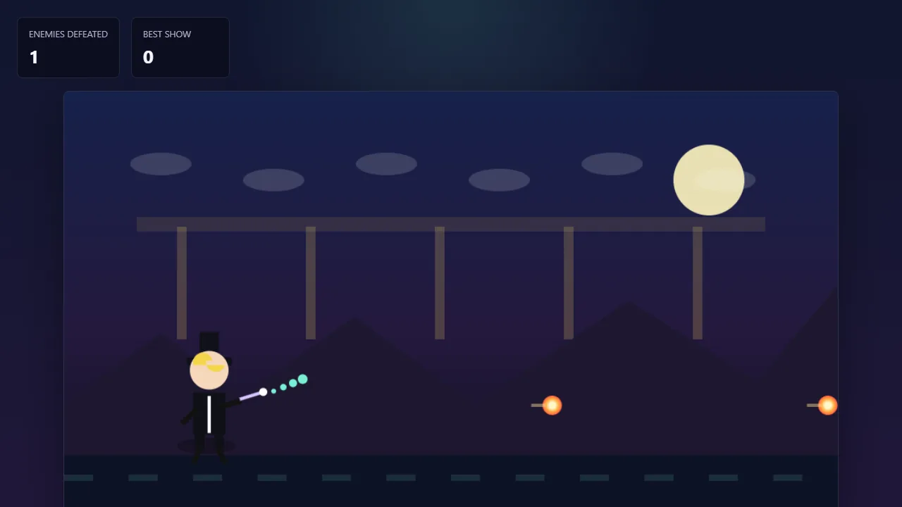 Magician Hop gameplay, with a magician firing at enemies beneath a full moon.