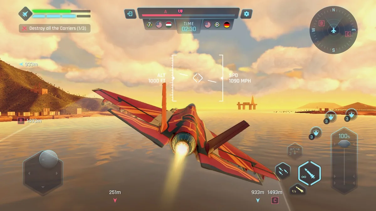 A red fighter jet banking over water in Sky Warriors, with the mobile combat HUD visible.