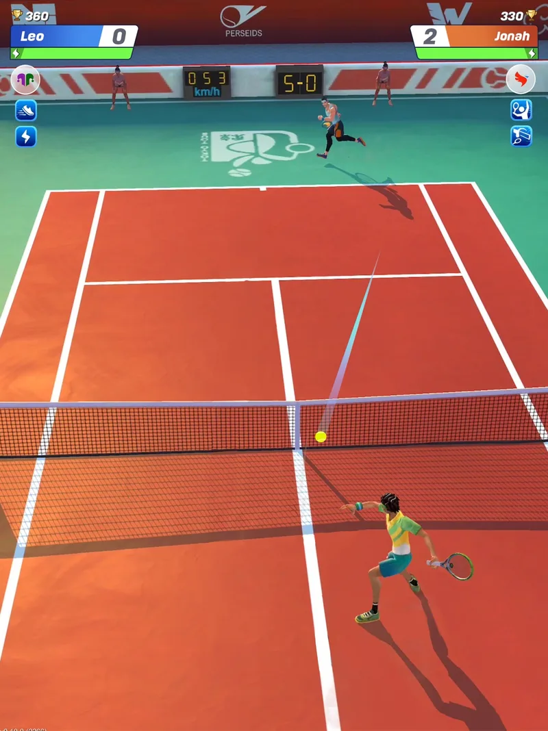 A Tennis Clash rally on a red hard court, with the mobile match interface visible.