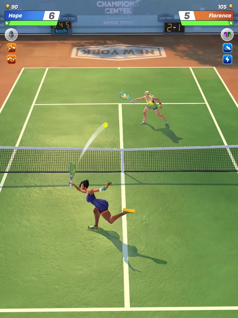 A Tennis Clash player reaching for a shot on a green court.